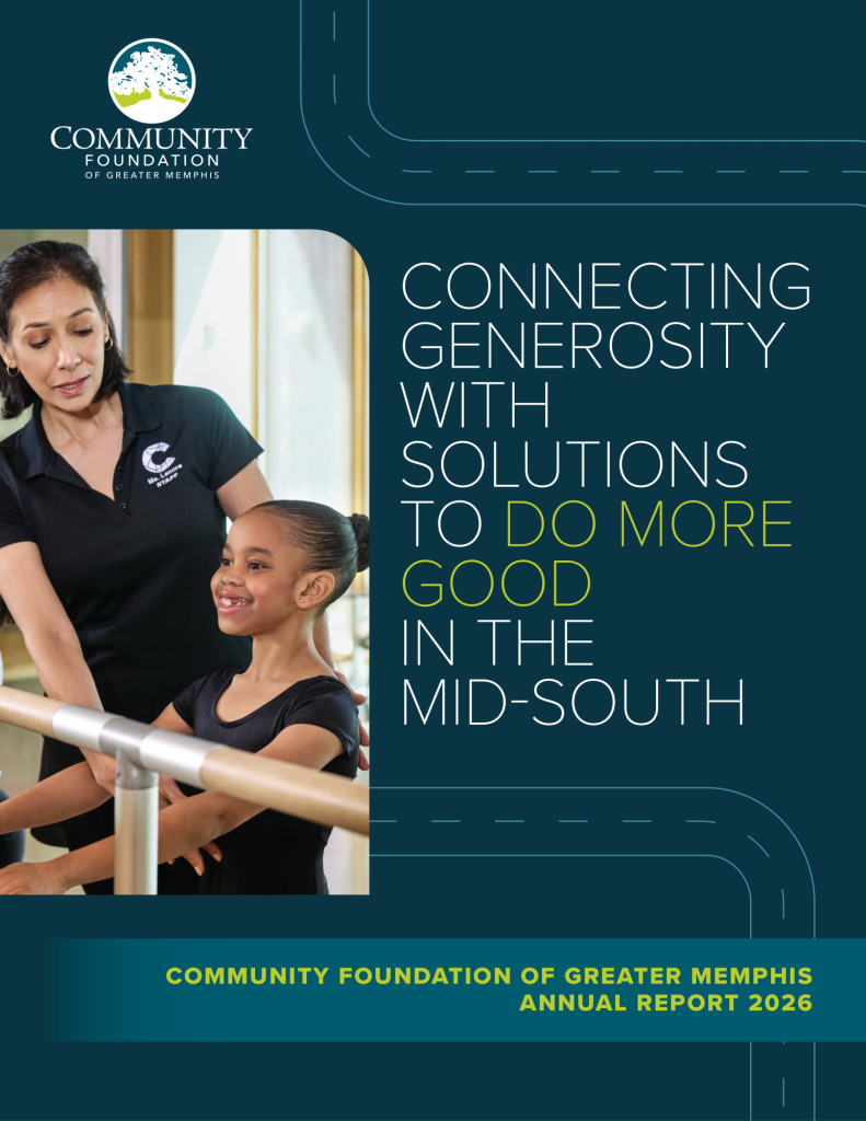 A smiling woman helps a young girl practice ballet at a barre. The text reads: Connecting generosity with solutions to do more good in the Mid-South through our publications.