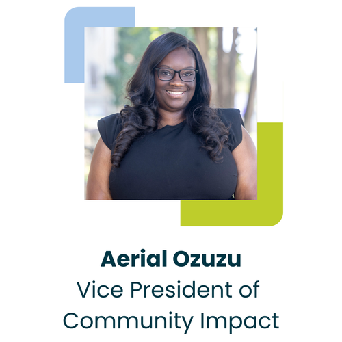 A woman with long, wavy hair and glasses smiles at the camera. Text below reads: Aerial Ozuzu, Vice President of Community Impact. Blue and green graphic shapes frame the photo, highlighting her legacy of generosity in honor of Black Philanthropy Month.