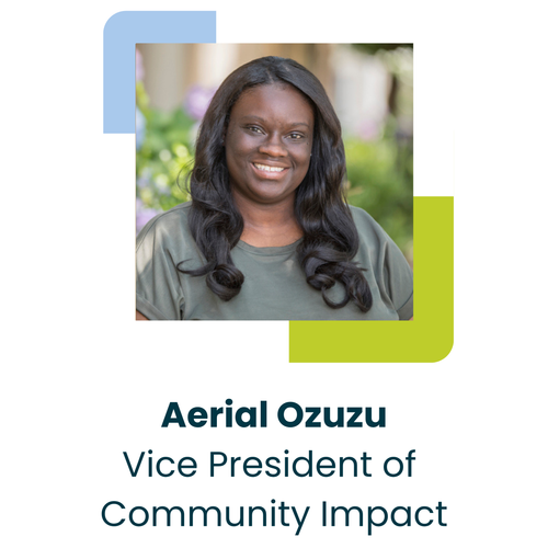 A woman with long dark hair smiles at the camera. Text below reads: Aerial Ozuzu, Vice President of Community Impact. The background features abstract blue and green shapes, highlighting her commitment to legacy and generosity during Black Philanthropy Month.