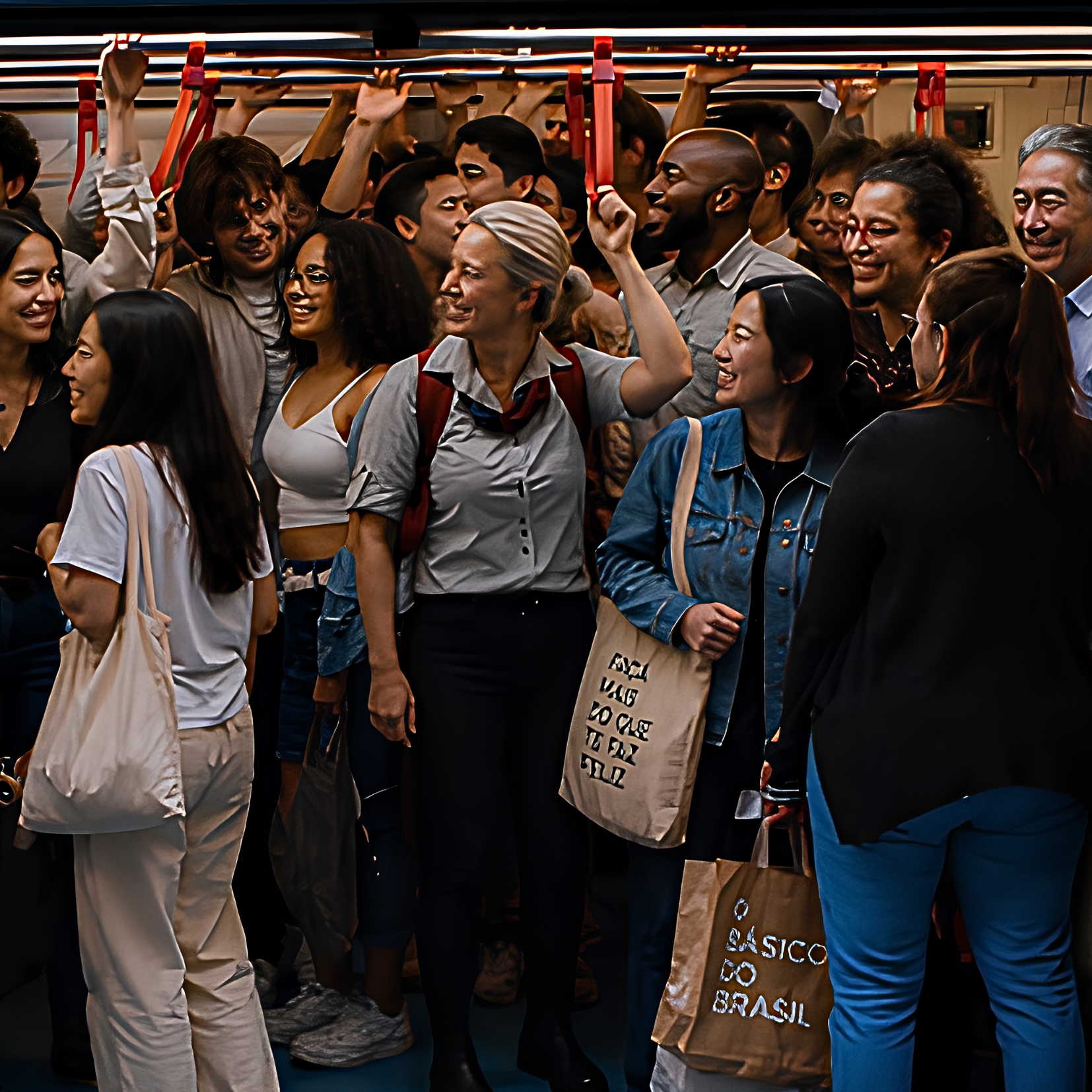 A crowded subway train with diverse people standing, holding onto red handrails, and talking or smiling. Some carry tote bags and wear casual or work attire.