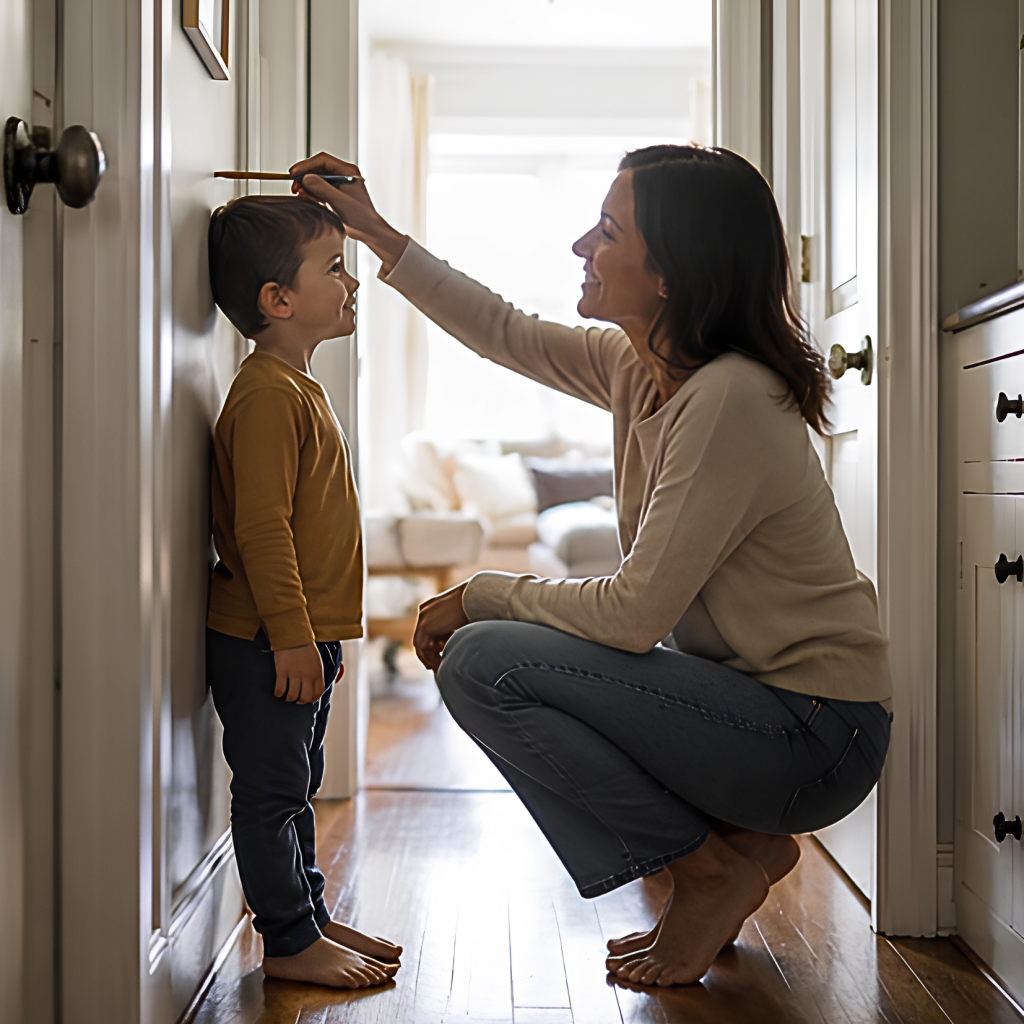 A woman kneels in a hallway measuring a young boys height against the wall. The boy smiles, standing straight. Sunlight fills the cozy home behind them.