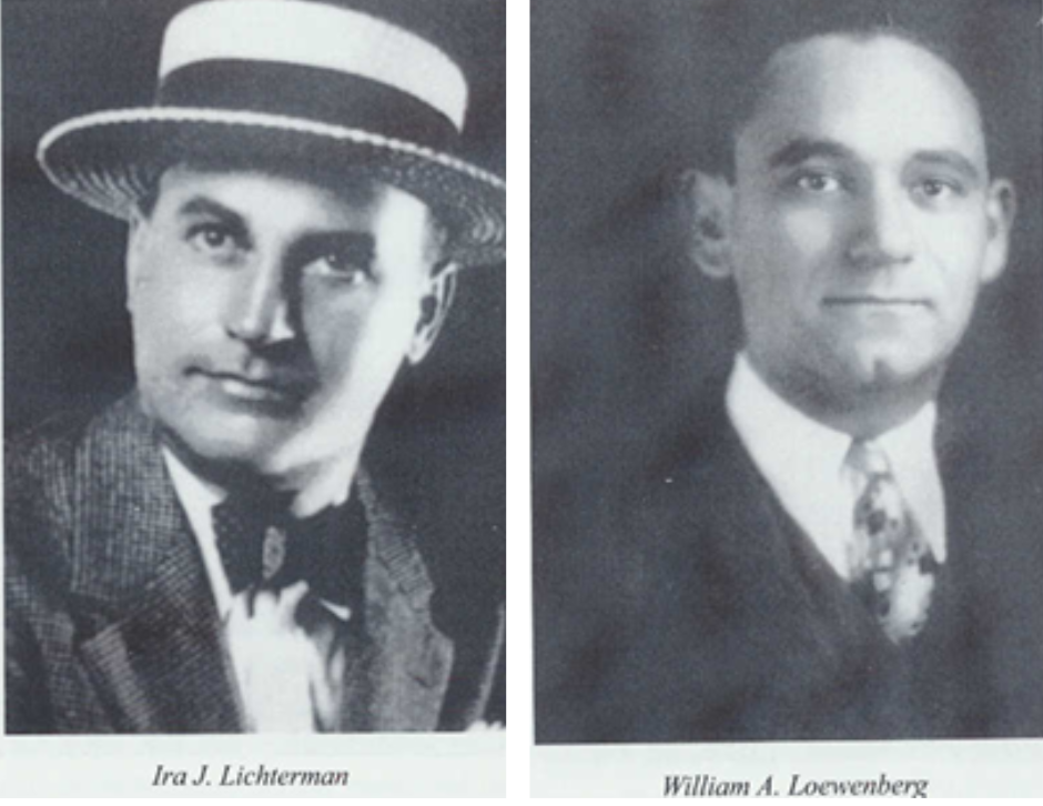 Two black-and-white portraits of men in suits, both deeply rooted in Memphis. The left image shows a man wearing a straw hat and bow tie, labeled Ira J. Lichterman. The right image features William A. Loewenberg in a suit and tie, capturing the spirit of what’s next for this vibrant city.