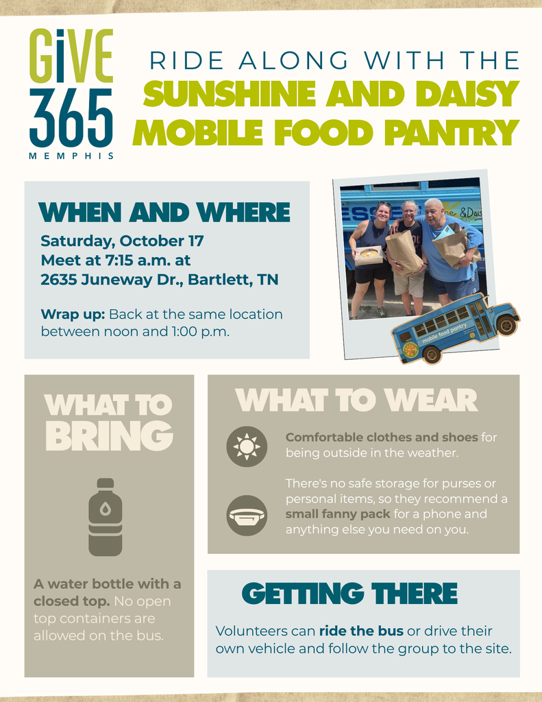 Volunteer information flyer for the Sunshine and Daisy mobile food pantry, detailing event times, location, and requirements, featuring three volunteers standing in front of a bus used for food assistance.